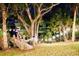 View of a lighted wooden dock extending towards the water, surrounded by lush greenery at night at 809 30Th E Ct, Bradenton, FL 34208