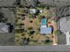 A birds eye view shows the full lot and landscaping for this home with screened in pool at 10925 Fort King Rd, Dade City, FL 33525