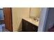 Bathroom vanity featuring a white countertop, dark cabinets, and a decorative mirror at 1550 Chateau Wood Dr, Clearwater, FL 33764