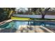 Backyard swimming pool with brick deck, lush green lawn, and privacy fence at 1550 Chateau Wood Dr, Clearwater, FL 33764