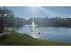 Scenic pond view with a fountain and grassy bank, featuring ducks near the water's edge at 3017 Minuteman Ln, Brandon, FL 33511