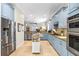 Bright kitchen featuring stainless steel appliances, a central island, and custom blue cabinets at 4301 W San Luis St, Tampa, FL 33629