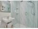 Modern bathroom features glass shower, patterned tile, and pedestal sink at 1044 Charles St, Clearwater, FL 33755