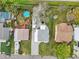 Aerial view of backyards with pools, patios, and recreational vehicles in a residential neighborhood at 1868 Douglas Ave, Dunedin, FL 34698