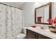Cozy bathroom featuring a vanity, toilet, and patterned shower curtain at 2301 Grenoble Pl # 1, Sun City Center, FL 33573