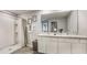 Well-lit bathroom with double sinks, a large mirror, and a shower featuring modern design at 35695 Durand Ct, Zephyrhills, FL 33541