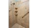 Walk-in shower featuring a shower head and handheld wand, with a grab bar and corner shelves at 7313 Gaberia Rd, Trinity, FL 34655