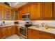 A cozy kitchen featuring wooden cabinets, stainless steel appliances and granite countertops at 1026 Bellasol Way # 4403, Apollo Beach, FL 33572