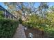 Landscaped backyard path leading through lush greenery, flowering bushes, and mature shade trees at 13225 108Th Ave, Largo, FL 33774