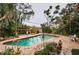 A tranquil backyard pool with a brick surround offers a private oasis amidst lush greenery and tropical foliage at 8236 128Th St, Seminole, FL 33776