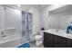 Bathroom with shower/tub combo and single sink vanity at 8949 Southern Charm Cir, Brooksville, FL 34613