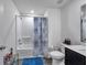 Bathroom with shower/tub combo and single sink vanity at 8949 Southern Charm Cir, Brooksville, FL 34613