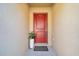 Inviting front entryway with a red door, potted plant, and clean, modern aesthetic at 8949 Southern Charm Cir, Brooksville, FL 34613