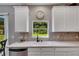 Close-up view of the kitchen sink and window overlooking the backyard, with white cabinets and neutral backsplash at 9010 Grand Bayou Ct, Tampa, FL 33635