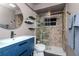 Modern bathroom featuring a glass-enclosed shower with unique tile and vanity with vessel sink at 9376 French Quarters Cir, Weeki Wachee, FL 34613