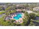 Aerial view of a community pool and spa surrounded by lush greenery, trees, and a volleyball court at 10263 Gandy N Blvd # 2014, St Petersburg, FL 33702