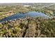 Distant aerial view showing the home's location nestled among mature trees on the edge of a large lake at 19230 Lake Allen Rd, Lutz, FL 33558