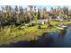 Aerial view showcasing the home's lakeside location, lush greenery, and private dock at 19230 Lake Allen Rd, Lutz, FL 33558
