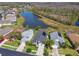 Aerial shot of a home with a screened-in pool, pond view, well manicured lawn and mature landscaping at 31101 Wrencrest Dr, Wesley Chapel, FL 33543