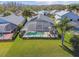 Aerial view of home's large screened patio area, inground pool, and beautiful backyard at 31101 Wrencrest Dr, Wesley Chapel, FL 33543