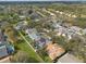 This aerial view shows houses with screened pools, lush landscaping, and community pond at 9415 Pebble Glen Ave, Tampa, FL 33647
