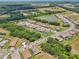 Scenic aerial view of a residential community featuring lush landscaping, ponds, and well-maintained homes at 13069 Paddock Wood Pl, Riverview, FL 33579