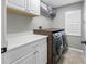 Laundry room features side by side washer and dryer with folding counter, cabinets, and window at 15702 Muirfield Dr, Odessa, FL 33556