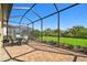 Covered patio offers serene views of the lush backyard, perfect for relaxation and enjoying the outdoors at 4228 Isonzo Way, Wesley Chapel, FL 33543