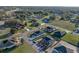 Aerial view of a neighborhood featuring a house with a dark roof, surrounded by green lawns and trees, on a sunny day at 5433 Chestnut Ridge Rd, Dade City, FL 33523