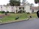 Exterior view of the condo complex with a peacock, a grassy area, and palm trees at 8055 Picketts Ct # 1, Weeki Wachee, FL 34613