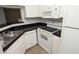 Functional kitchen with white appliances, dark countertops, and a stainless steel sink at 8659 Fancy Finch Dr # 202, Tampa, FL 33614