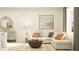 Inviting living room with a cozy sectional sofa, a decorative mirror, and neutral color palette at 9352 Bonita Mar Dr, Parrish, FL 34219
