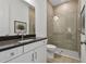 Modern bathroom featuring sleek cabinets, a dark countertop, and a glass-enclosed shower at 29423 Toricelli Rd, Wesley Chapel, FL 33543