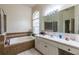 Bright bathroom featuring a soaking tub with tiled surround, vanity with sink and large mirror at 3701 Barnhouse Pl, Valrico, FL 33596