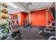 Fitness center with cardio machines and free weights, featuring a vibrant orange wall at 10237 Collar Dr, San Antonio, FL 33576