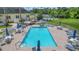 Aerial view of the community pool with lounge chairs and tables surrounded by palm trees at 10237 Collar Dr, San Antonio, FL 33576