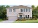 Two-story home featuring blue shutters, a gray facade, a covered porch, and a two-car garage at 12059 Kingsley Trl, Parrish, FL 34219