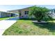 Well-manicured front lawn featuring a lovely palm tree and a paved driveway with a covered carport at 36838 Tara Ave, Zephyrhills, FL 33542