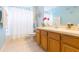 Bathroom with blue walls and a wood vanity, featuring a shower-tub combination and decorative accents at 10011 Tranquility Way, Tampa, FL 33625