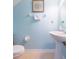 Cozy half-bathroom is painted with sky-blue, has a pedestal sink and elongated toilet at 10011 Tranquility Way, Tampa, FL 33625