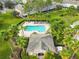 Aerial view showcasing a community pool, clubhouse, and lush tropical landscaping with palm trees at 2712 Conch Hollow Dr, Brandon, FL 33511