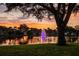 View of the fountain and lake reflecting a sunset sky and mature trees at 10467 Larchmont N Pl, Pinellas Park, FL 33782