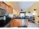 Open kitchen boasts stainless steel appliances, black counters and hardwood cabinets at 1731 Elk Spring Dr, Brandon, FL 33511