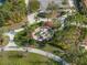 Aerial view of the fire pit with outdoor seating, landscaping, and trees creating a cozy gathering space at 3106 Francoa Dr, Odessa, FL 33556