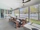 Screened-in patio featuring a large wooden table with benches and views of the backyard at 3503 Albritton St, New Port Richey, FL 34655