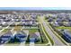 A beautiful aerial shot of a suburban community shows homes, landscaping, and a neighborhood lake at 35524 Quartz Lake Dr, Zephyrhills, FL 33541