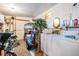 Attached garage with golf cart, bicycle, washer, dryer, fake palm, and various shelves for storage at 37042 Lois Ave, Zephyrhills, FL 33542