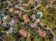 An aerial view of a residential community with mature trees, dedicated parking, and a community pool on a sunny day at 2180 Clover Hill Rd, Palm Harbor, FL 34683