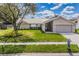 Charming one-story home featuring a well-manicured lawn, mature tree, and attached two-car garage at 3350 Brian N Rd, Palm Harbor, FL 34685