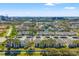 An aerial view captures rows of townhomes with lush green trees and a distant city skyline at 2462 Kingfisher Ln # J203, Clearwater, FL 33762
